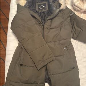 Women's Olive Puffer Coat with Faux Fur Hood